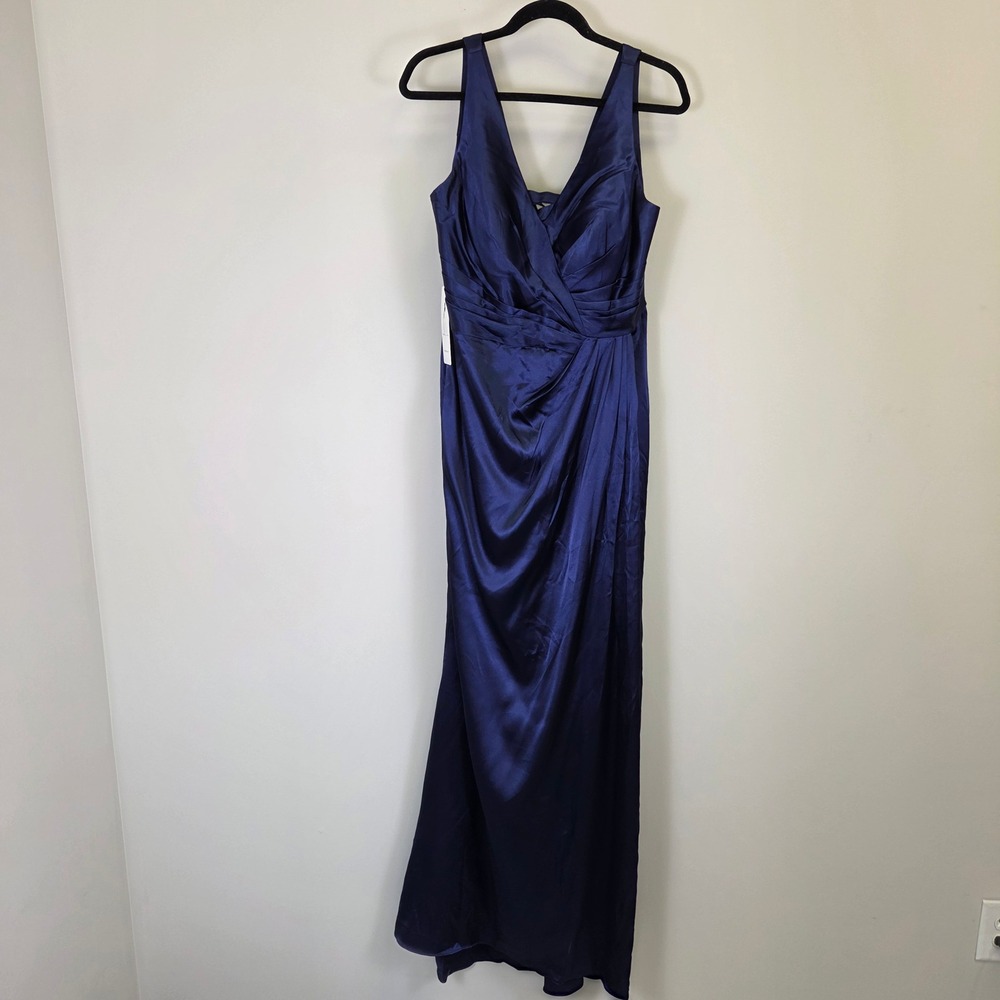 Navy Blue Satin Corset Back Evening Gown Formal Dress Surplice V-Neck Size 14